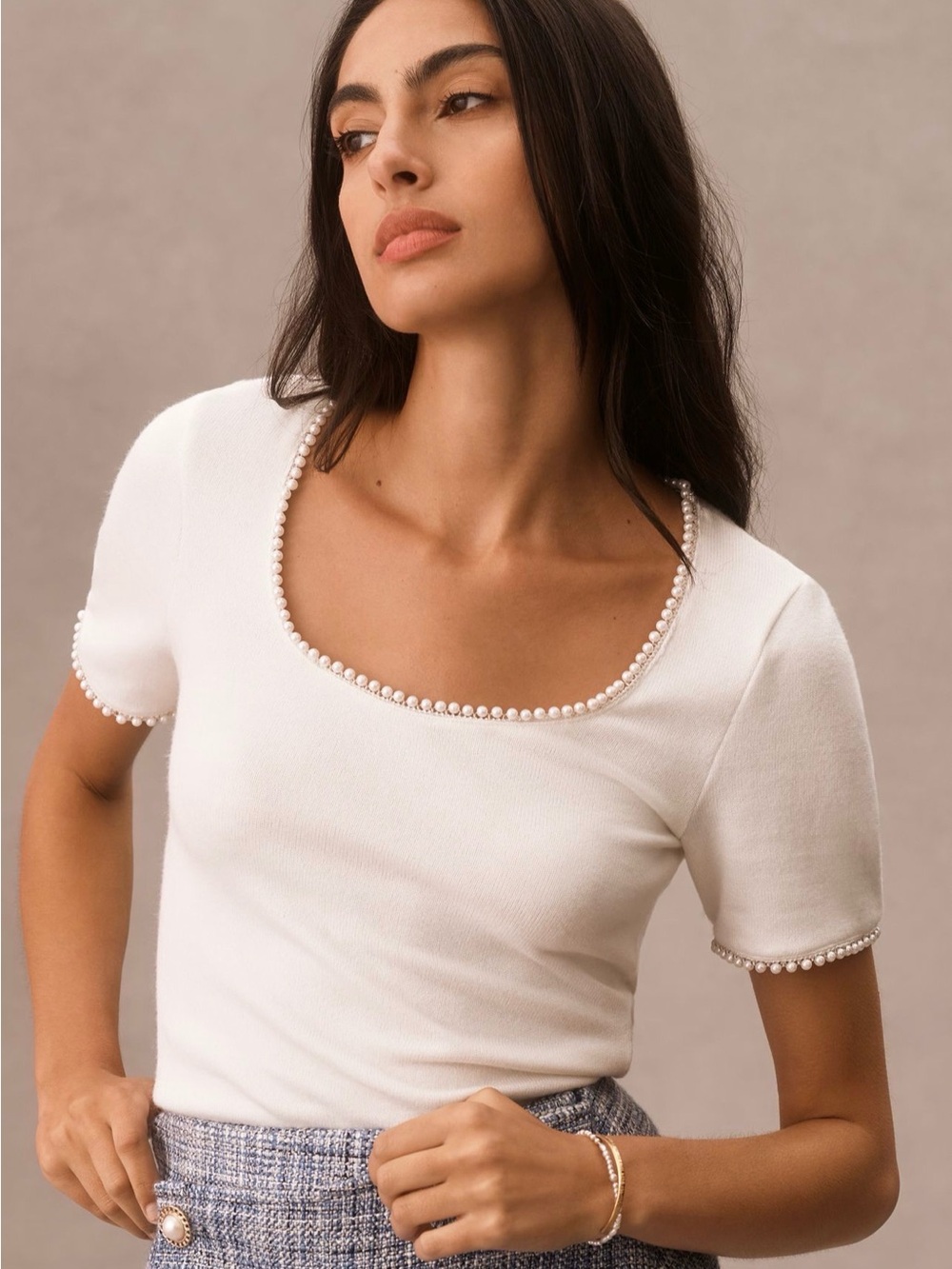 Anthropologie White Pearl-Trim Scoop Short Sleeve Top